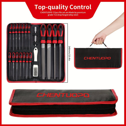 File Set 13pcs/57pcs Metal And File Set, T12 Grade Forged Alloy Steel, 4 Large Tools of Semi-Circular/Round/Triangular/Flat, 14 Needle Files And a Pair of Electric Files, a Brush And 36 Sheets of Sandpaper.