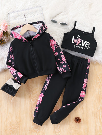 3pcs Set for Girls: Spring/Autumn Fashion Cartoon Flower and "Love" Letter Print Zipper Hooded Cardigan Jacket with Camisole Long Pants, New Cute Baby Children's Girls' Outdoor 3pcs Set, Perfect for Outdoor
