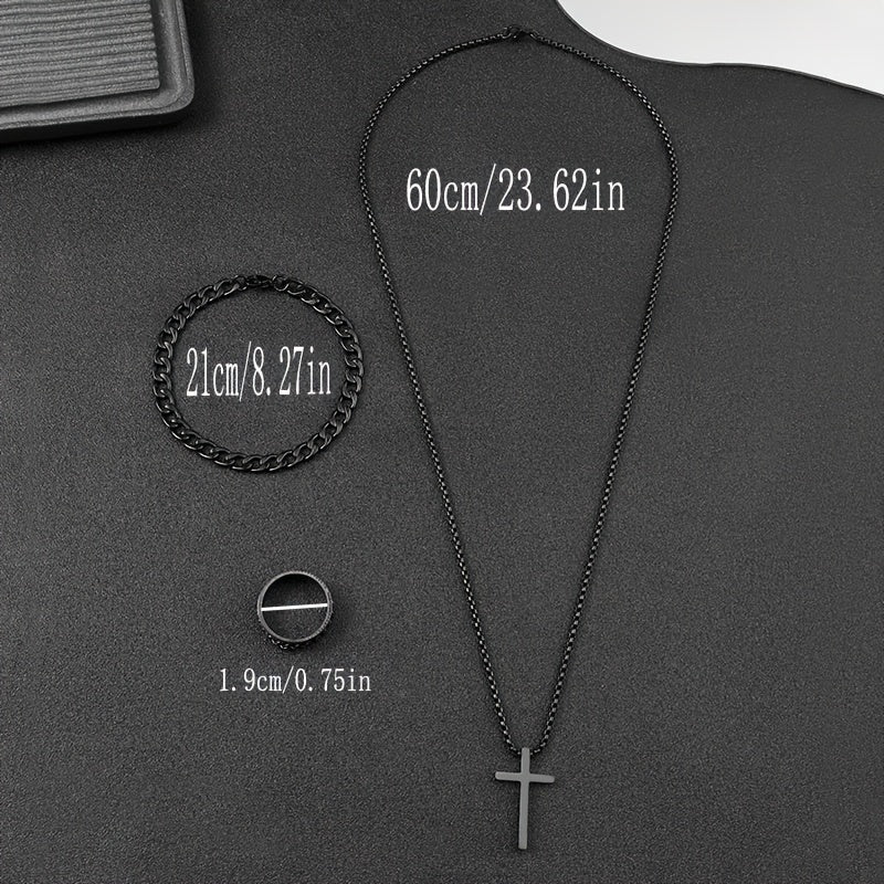 3pcs Stylish Versatile Dark Series Stainless Steel Cross Jewelry Set