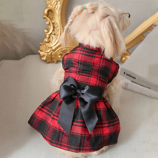 Pet Clothing Cat and Dog Four Seasons Big Grid College English Bow Dress 1pc