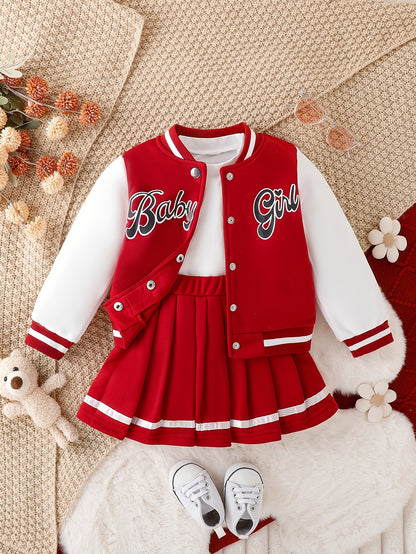 Girls' American-Style Patchwork Baseball Jacket And a Preppy-Style Skirt Set
