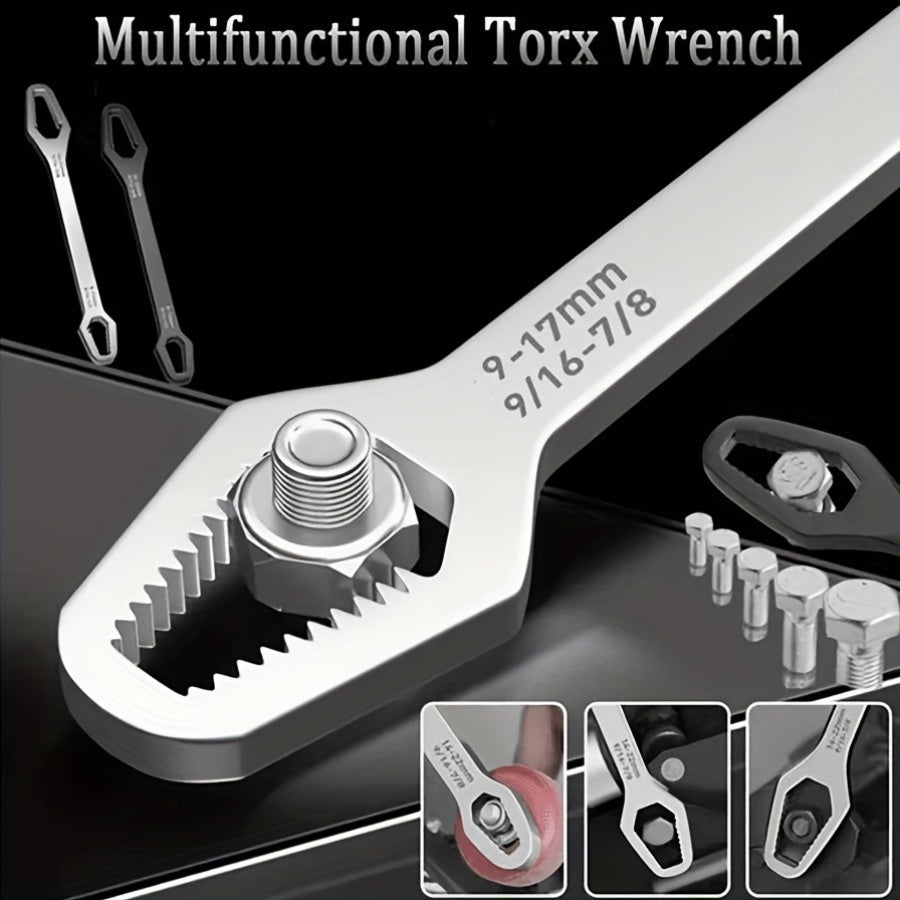 [Black Torx Wrench] 1pc Multifunctional Black Torx Wrench - Adjustable Self-Tightening Dual-Ended Wrench with 3-17mm Thread Size, 5mm Thick Durable Design and Portable Handle for Car Repair