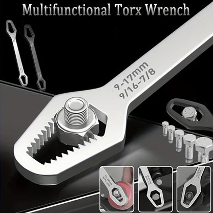 [Black Torx Wrench] 1pc Multifunctional Black Torx Wrench - Adjustable Self-Tightening Dual-Ended Wrench with 3-17mm Thread Size, 5mm Thick Durable Design and Portable Handle for Car Repair