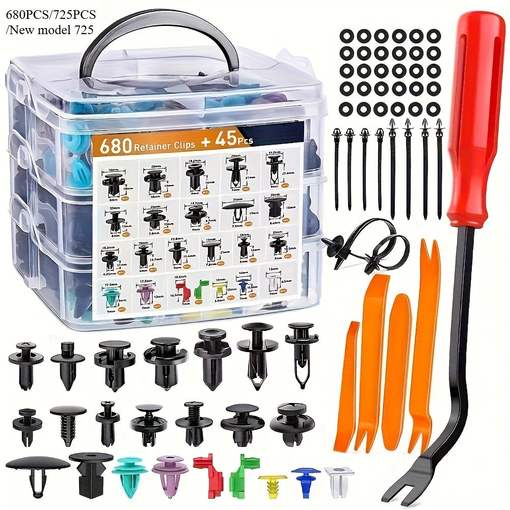 680pcs/725pcs /New model 725 Auto Fastener Clips Car Body Push Retainer Pin Rivet Bumper Door Trim Panel Retainer Fastener Kit Auto Removal Tool
