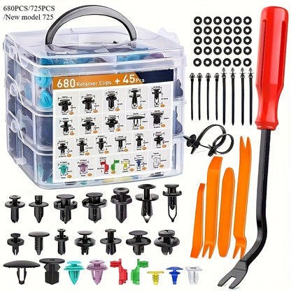 680pcs/725pcs /New model 725 Auto Fastener Clips Car Body Push Retainer Pin Rivet Bumper Door Trim Panel Retainer Fastener Kit Auto Removal Tool
