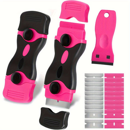 One Set, Adhesive Removal Scraper, Glass Scraper, 1 Pink Double-ended Scraper + 10 Metal Blades + 10 Plastic Blades, Car Film Application Tool, Scraper Tool Comes with 20 Razor Blades, for Windows, Cleaning, Stickers, Tinted Film, Decals