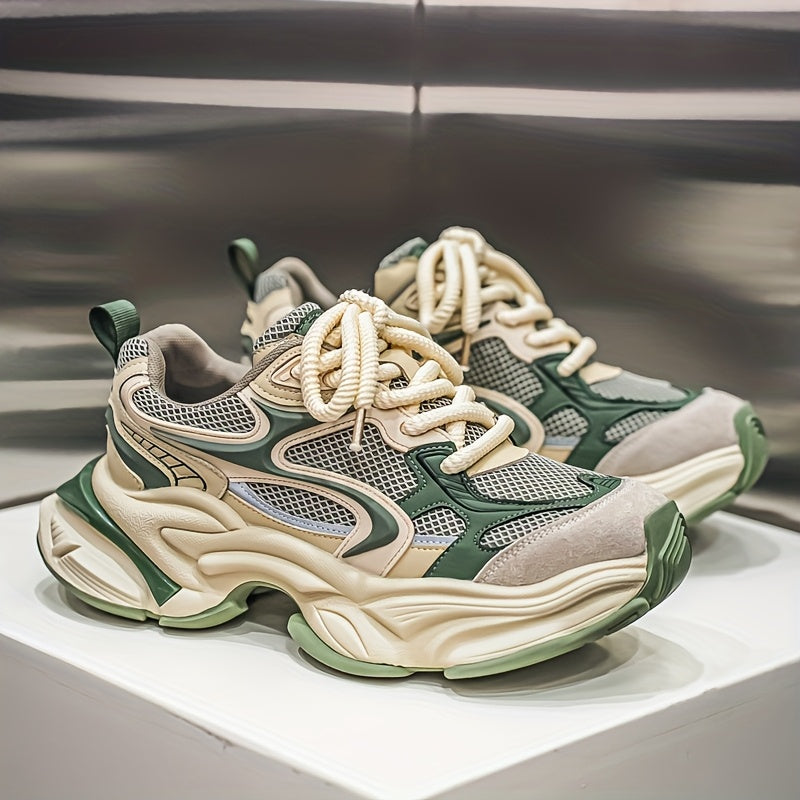 Men's Mesh Sneakers, Autumn/Winter Four-Season Style, Fashionable and Trendy, Thick-Soled Height-Increasing Casual Shoes, High-End Feel, Color-Blocked, Versatile, Lightweight, and Breathable