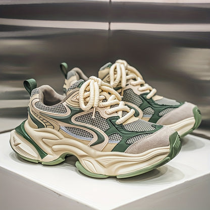 Men's Mesh Sneakers, Autumn/Winter Four-Season Style, Fashionable and Trendy, Thick-Soled Height-Increasing Casual Shoes, High-End Feel, Color-Blocked, Versatile, Lightweight, and Breathable