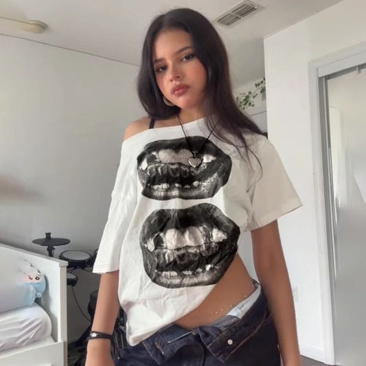 Korean version pullover pure cotton Spice Girl slanted shoulder short sleeve fashion printing loose casual top summer women's wear women's clothing