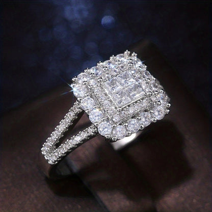 Square Shape Iced Out Synthetic Zirconia Bridal Wedding Ring