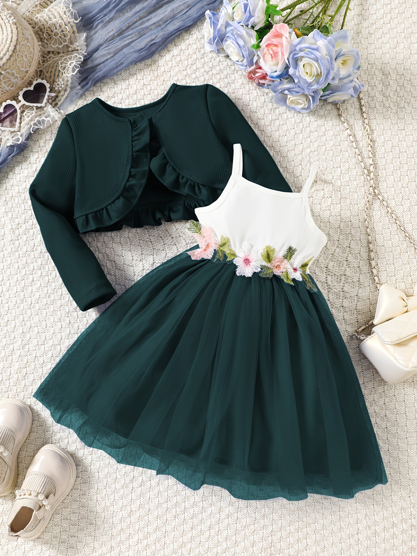 Girls' Autumn And Winter Casual Fashion Two-Piece Set with Ruffled Jacket And Floral Embroidered Dress, Perfect for Holiday Party Gifts, for Outdoor