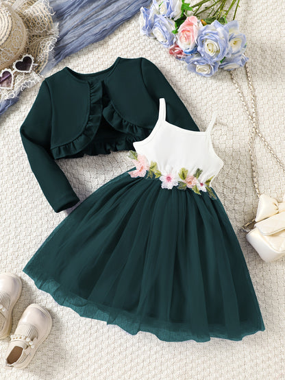 Girls' Autumn And Winter Casual Fashion Two-Piece Set with Ruffled Jacket And Floral Embroidered Dress, Perfect for Holiday Party Gifts, for Outdoor