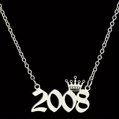 1 Elegant and Stylish Stainless Steel Polished Year Number Necklace, Unique Date Birthday Crown Pendant Necklace Gift for 1980-2024, Versatile Casual Attire Collarbone Chain Holiday Present