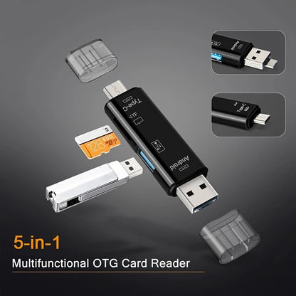 5-In-1 Multifunctional USB 2.0 Type C/Usb/Micro USB/TF/SD Memory Card Reader OTG Adapter for Mobile Devices.
