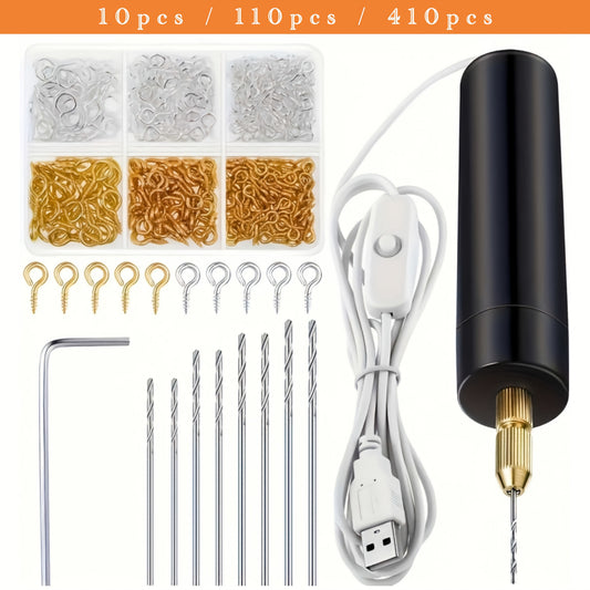[Mini Drill Set] 10pcs/110pcs/410pcs Mini Drill Set | USB-Powered Electric Mini Drill Kit with Bits, Wrench, Hex Key Pliers, Resin Casting Mold - DIY Keychain Craft Tool for Resin Plastic Wood Polymer Clay Jewelry Pendant Making - Three Sets to Meet Your