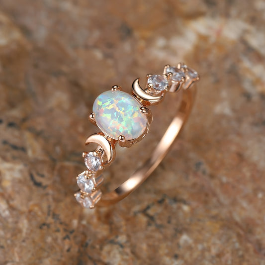 [Engagement Ring] Rainbow White Fire Synthetic Opal Ring | Rose Golden Color, Small Moon Rings, Elegant Vintage Style, 14K Golden Plated, Oval Stone Engagement Ring for Women, Suitable for Daily and Party Occasions