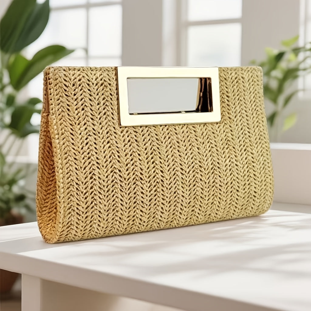 Elegant Striped Woven Clutch - Features a Metal Handle And a Detachable Chain Shoulder Strap, Versatile Beach Bag Suitable for Parties, Daily Outings, And Casual Occasions for Cosmetics Storage, Stylish Women'S Handbag, Exquisite Craftsmanship