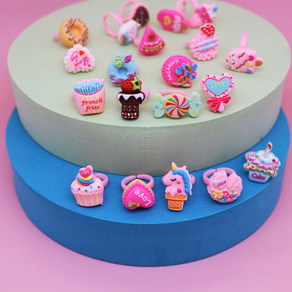 10 Colorful Cartoon Rings for Kids, Party Gifts Featuring Sweet Donut Ice Cream Rings, Sent Randomly (No Box Included)