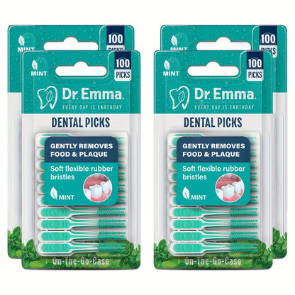 100pcs/200pcs/400pcs Dr. Emma Dental Picks Mint Brush Picks | Alcohol Free, Gentle on Gums, Soft Flexible Bristles