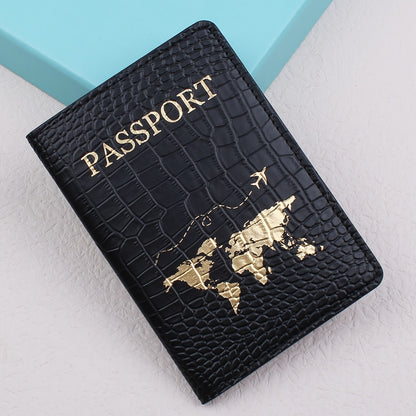 Black Crocodile-Embossed Travel Passport Holder with Golden Lettering & World Map Design - Lightweight, Anti-Theft Synthetic Leather Document Organizer for Vacations