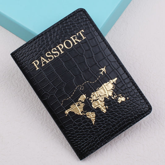 Black Crocodile-Embossed Travel Passport Holder with Golden Lettering & World Map Design - Lightweight, Anti-Theft Synthetic Leather Document Organizer for Vacations