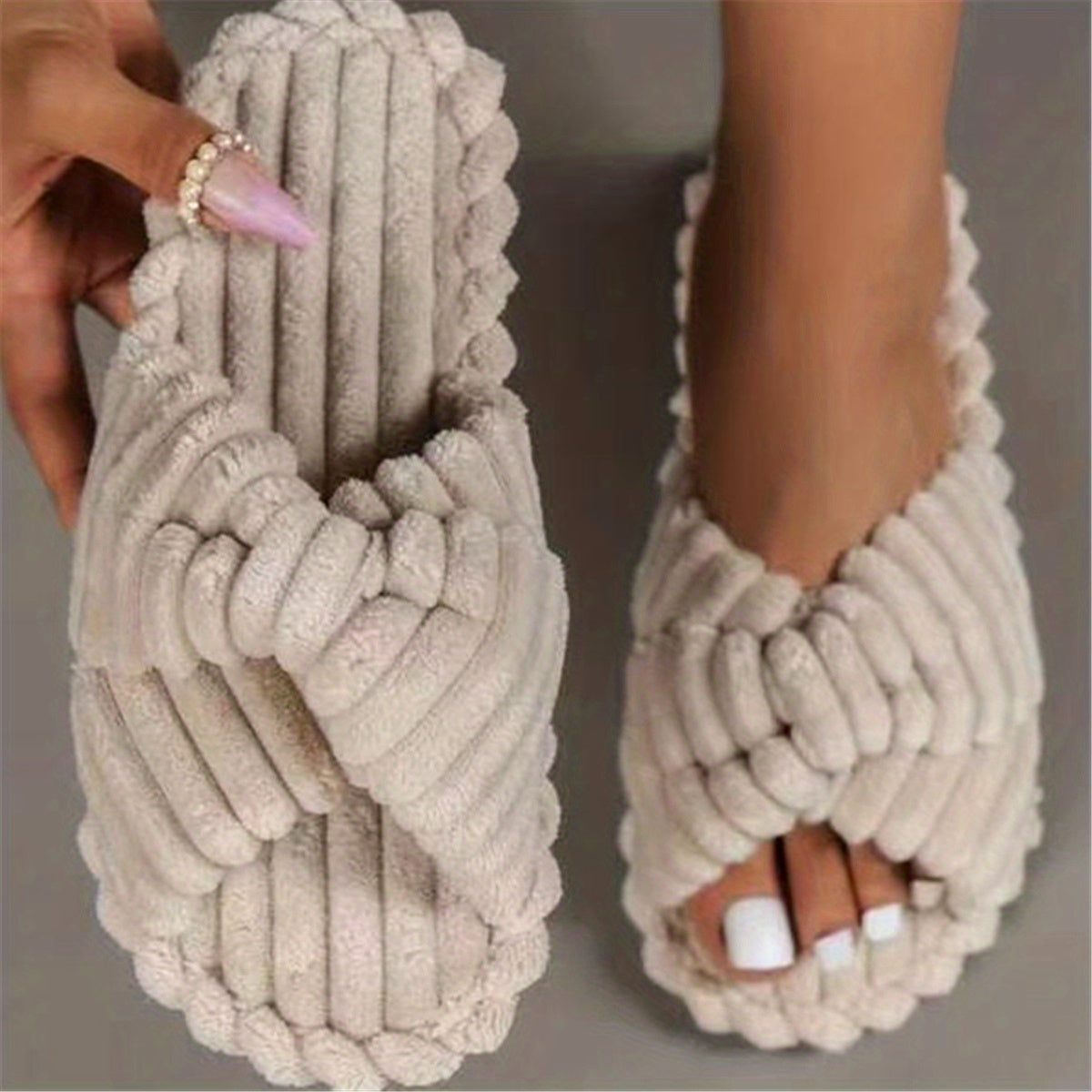 Women'S Cozy Fabric Slip-On Slippers with Braided Straps - Soft Beige Cross-Strap Design, Comfortable Home Shoes for All Seasons, Perfect for Relaxing at Home, Allseason Slippers | Braided Straps Slippers | Fabric Upper Slippers