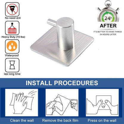 4-Pack Waterproof Stainless Steel Hooks | Heavy-Duty Adhesive Hooks For Coats, Hats, And Towels - Ideal For Bathroom And Bedroom Organization, Brushed End, Wall Mount