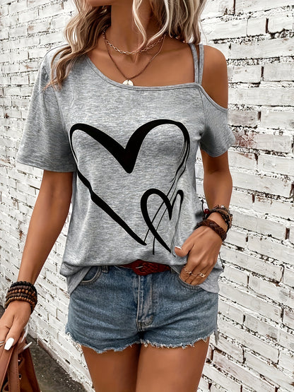 Heart Print One Shoulder T-shirt, Elegant Short Sleeve Top For Spring & Summer, Women's Clothing