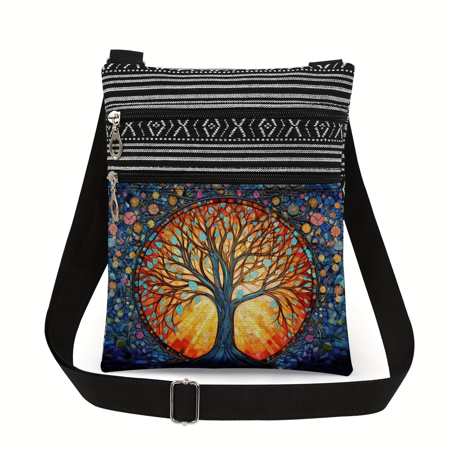 Adjustable Crossbody Bag with Polyester Material, Dual Zipper, Foldable Design, Unlined - Fashion Cartoon-Themed Animal Print with Artistic Glass Butterfly & Tree of Life Patterns for Women
