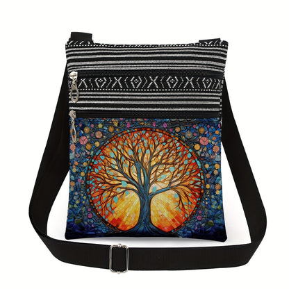 Adjustable Crossbody Bag with Polyester Material, Dual Zipper, Foldable Design, Unlined - Fashion Cartoon-Themed Animal Print with Artistic Glass Butterfly & Tree of Life Patterns for Women