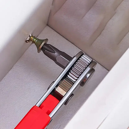 A Red Ratchet Screwdriver with a Narrow Space Ratchet Handle, Allowing for Forward And Backward Operation in Five Different Positions. It Features an Elbow Right-Angle Design And Includes a Phillips Screwdriver Function. The Non-Slip Grip Makes It Suitabl