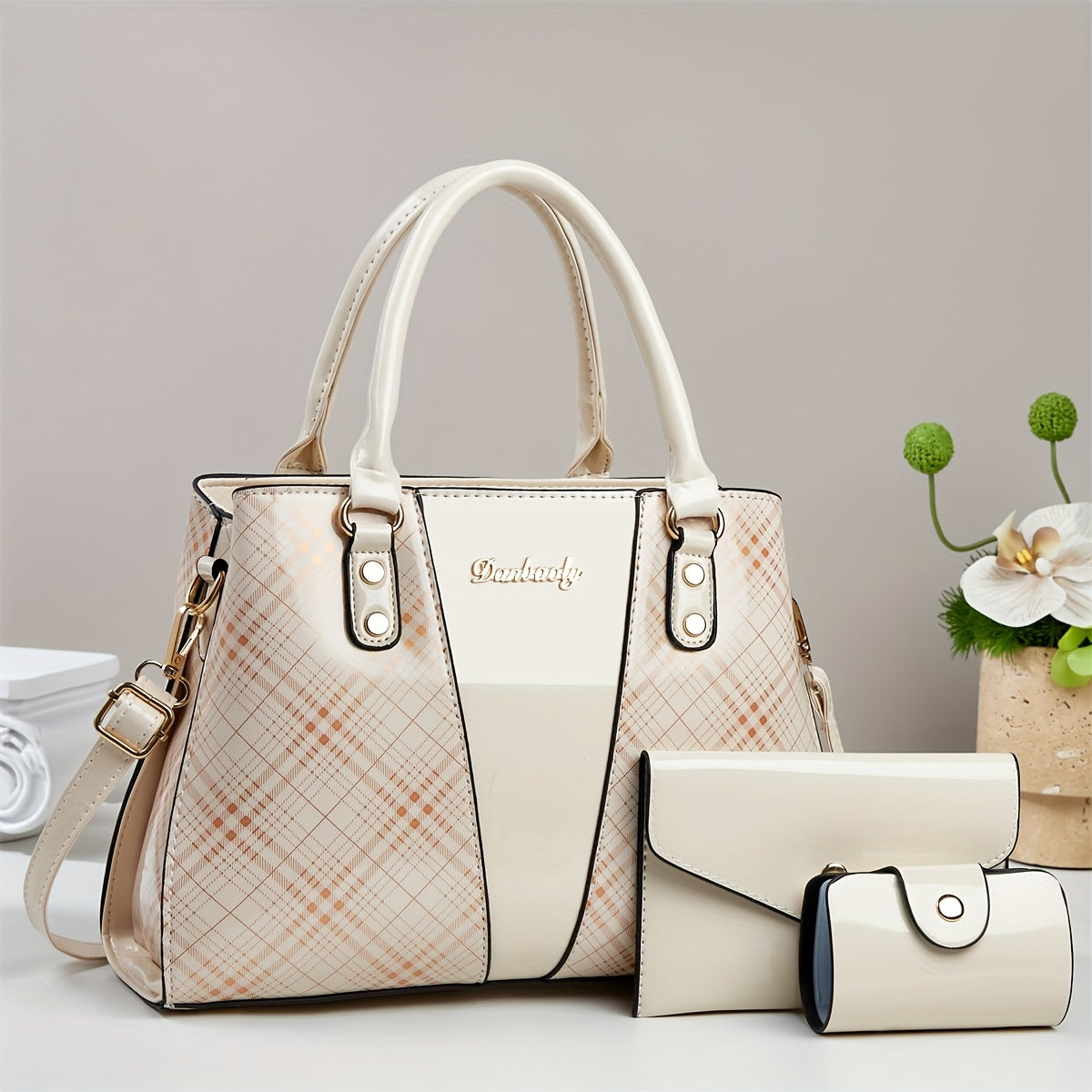 [Elegant PU Handbag] 3pcs Elegant PU Handbag Set - Large Capacity Crossbody Bag with Crocodile Pattern, Coin Purse and Card Holder - Lightweight Shoulder Bag with Sequins and Zipper Closure