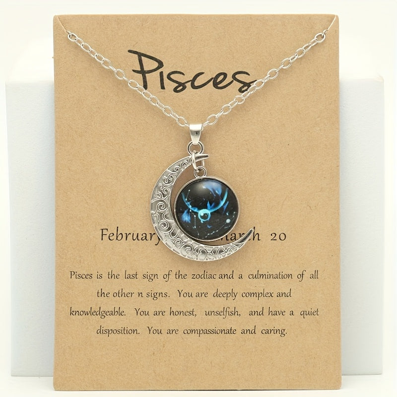 1pc Retro Glow-In-The-Dark Zodiac Moon Pendant Necklace - Vintage Style, Zinc Alloy with Accents, Adjustable Chain for Women - Ideal for Daily Wear & Gifting, Zodiac Jewelry, Gift Jewelry, Vintage Jewelry, Durable Jewelry