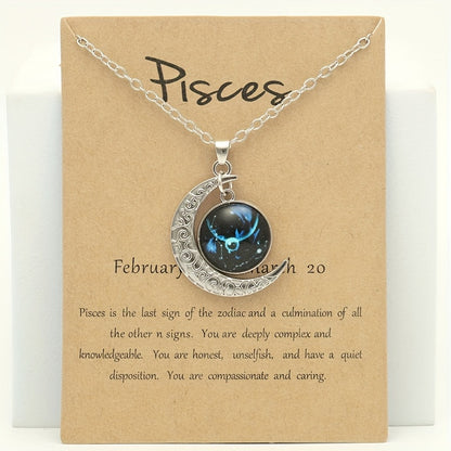 1pc Retro Glow-In-The-Dark Zodiac Moon Pendant Necklace - Vintage Style, Zinc Alloy with Accents, Adjustable Chain for Women - Ideal for Daily Wear & Gifting, Zodiac Jewelry, Gift Jewelry, Vintage Jewelry, Durable Jewelry