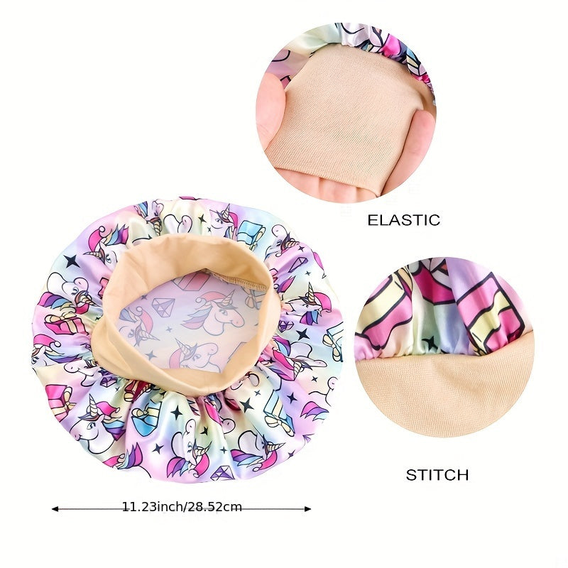 Unicorn Cartoon Printed Youngsters's Satin Cap, Hair Care Cap