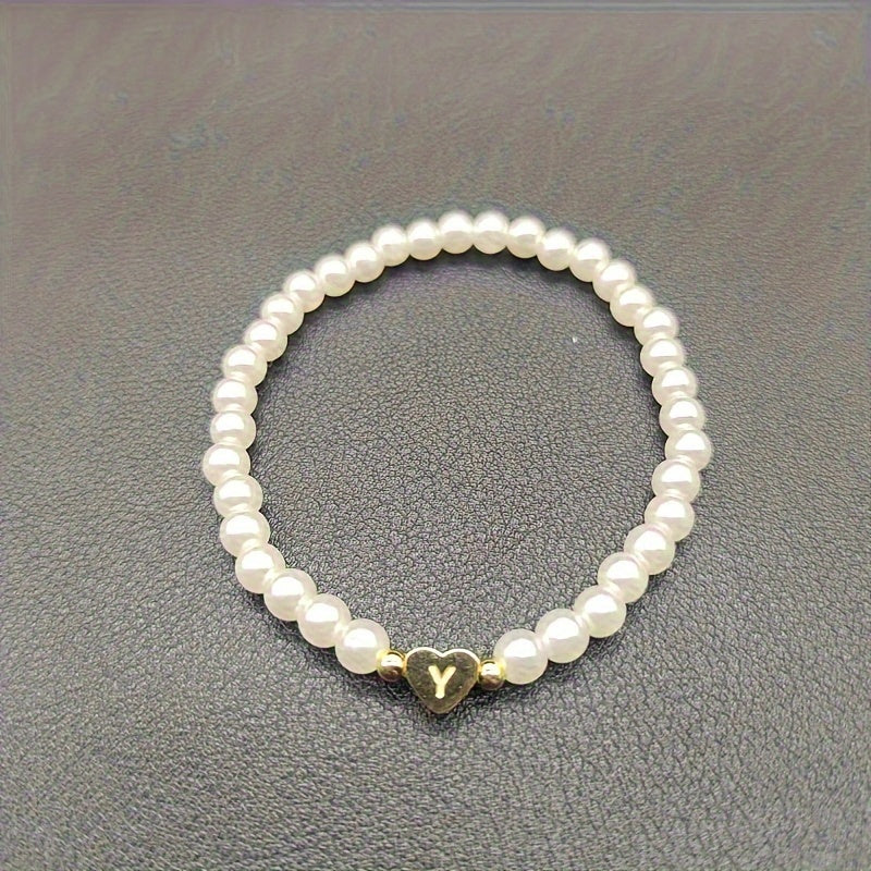 Hot Classic A-Z Heart Lnitial Letter Bracelet Women Temperament Lmitation Imitation Pearl Bead Bracelet for Women Jewelry Gift