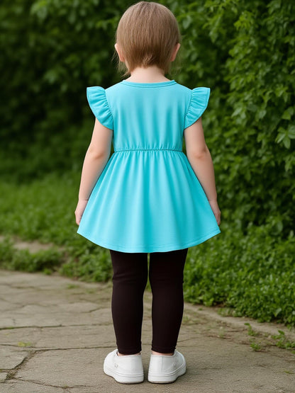A Set of Two Items, Featuring a Ruffled Sleeve Round-Neck T-Shirt And Butterfly Patterned Pants, Perfect for a Stylish Summer Gift, for Outdoor