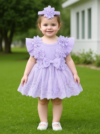 Girl 2pcs Outfits Mesh Lace Patchwork Ruffle Romper Dress and Headband Cute Fashion Summer Clothes, Perfect for Outdoor