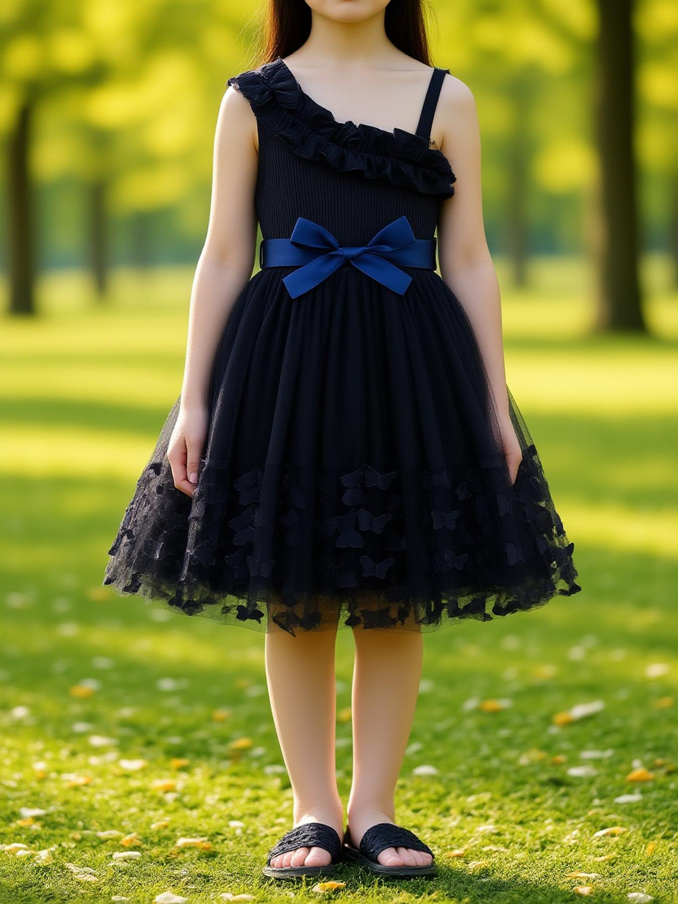 COVIVIKY Girls' Summer Elegant Dress 3D Butterflies And Asymmetrical Ruffle Straps with Bow Party Princess Dress for Daily Casual And Formal Occasions