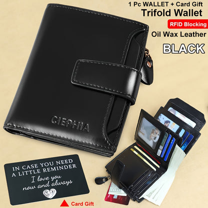 CIEPHIA Men's Vintage RFID Blocking Wallet - Genuine Leather -Theft Billfold with Zipper Coin Pocket, 14 Card Holder, 2 ID Window & SD/ SIM, 2 Driver ID Holder - Leather for Christmas Valentine's/Father's Day Gift for Men Set Includes a Greeting Card