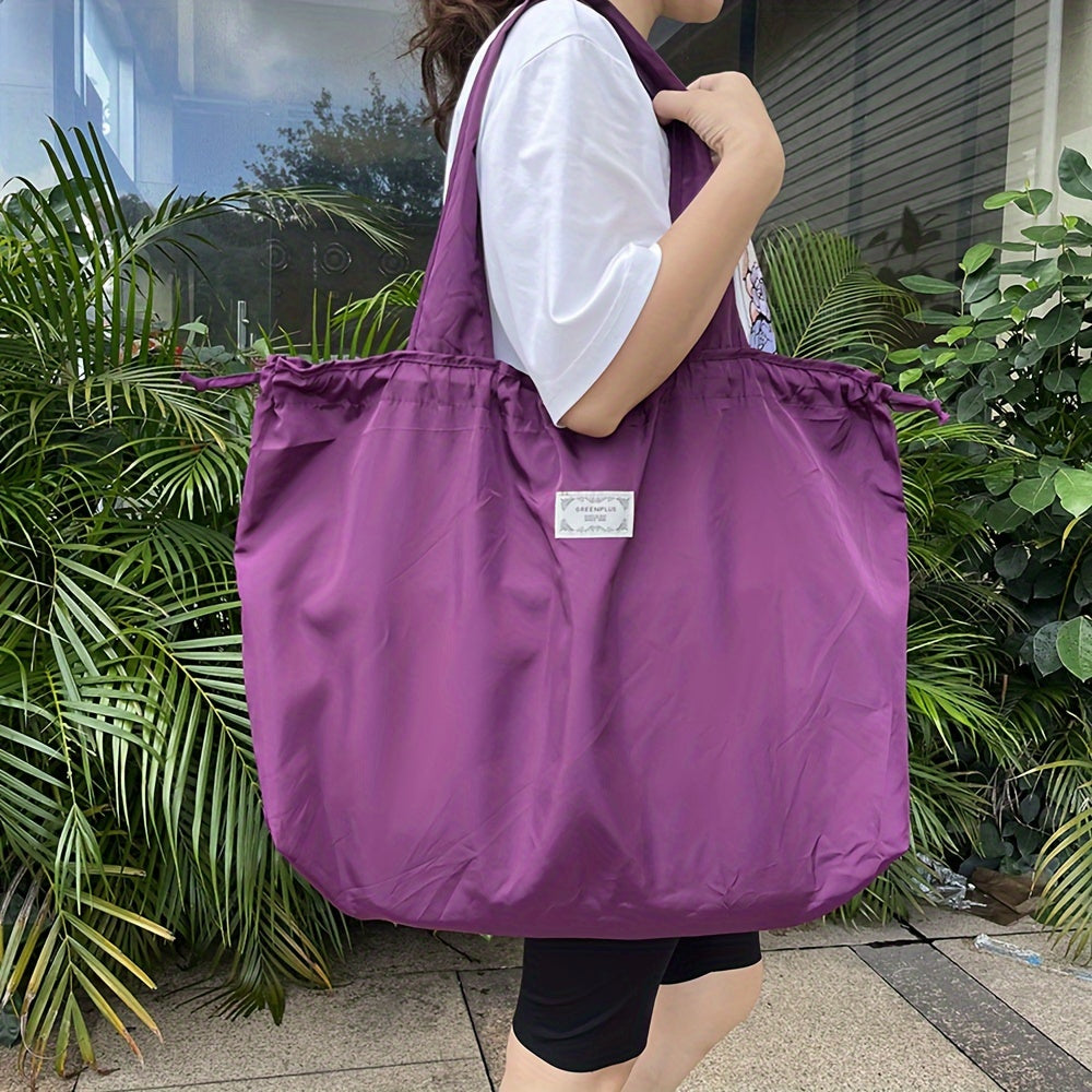 Large Reusable Women's Drawstring Tote Bag, Foldable Shoulder Shopping Bag with Washable Design for Grocery Shopping