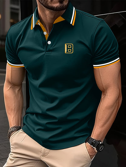 Men'S Summer Short-Sleeve Polo Shirt with a Stylish Color-Blocked Striped Collar for Casual Wear.