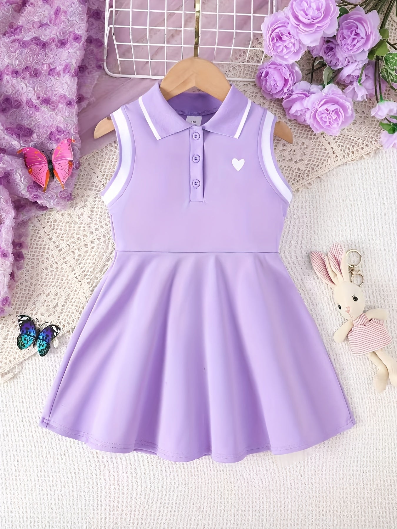 Summer Fashion Sleeveless Polo Dress for Girls with a Heart Print, Knee-Length Casual Outfit