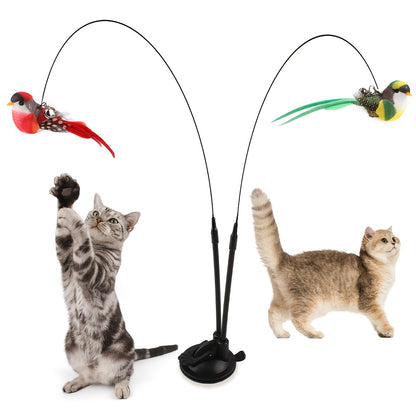 Interactive Cat Teasing Stick with Long Double Rod & Powerful Sucker Base - Hands-Free Cat Toy with Artificial Feather Attachment (Red/Green), Non-Toxic Polyester for Hunting Exercise, Kittens & Adult Cats - Indoor/Outdoor Play, No Batteries Needed - Pet