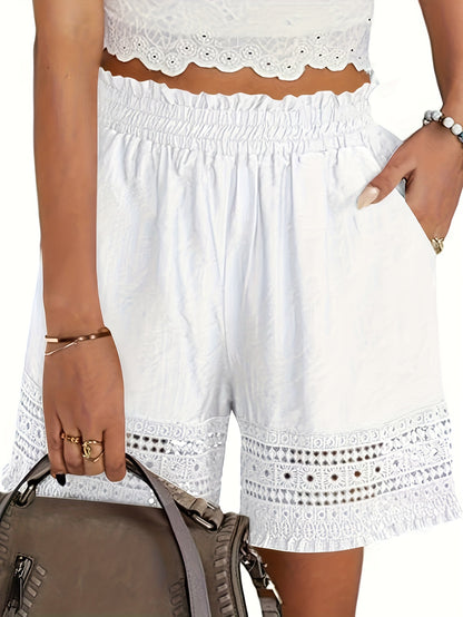 Summer Casual Shorts for Women, Lace Trim Slant Pocket Paper Bag Waist Shorts