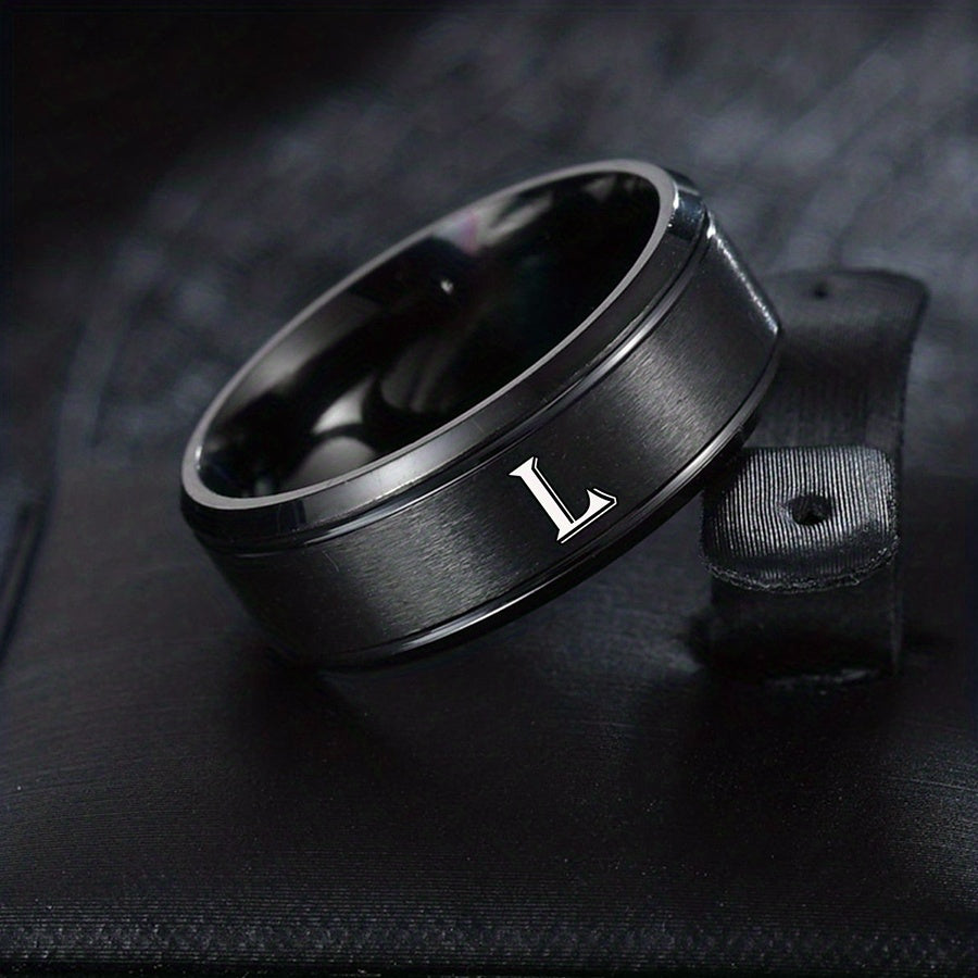 1pc European and American Fashion Versatile 26 English Letters Double Beveled Frosted Two-Line Men's Stainless Steel Ring (B81)