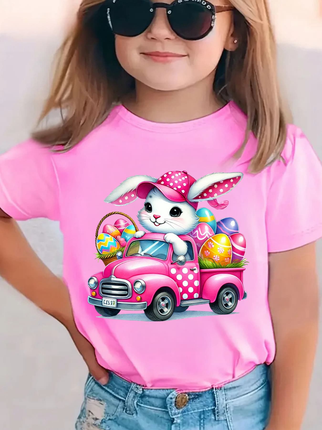Girls' Easter Bunny Driving with Eggs Short Sleeve T-Shirt - Cute & EASTER Lettering Spring Summer Casual Round Neck Blouse for Easter Egg Hunt Outfits NY-DX5447