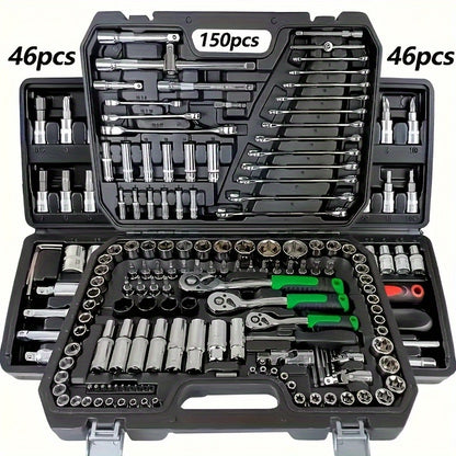 46/150pcs Automotive Mechanical Repair Tool Set, Multifunctional with Sockets, Wrenches, And Ratchet Set, Durable Metal Structure Toolbox with Storage Compartment