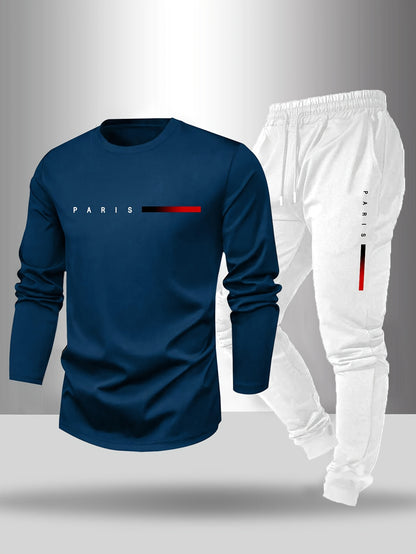 Men's Long Sleeve T-Shirt and Pants Set, Spring/Autumn 2-Piece Set with Paris Letter Print Crew Neck Long Sleeve T-Shirt + Drawstring Outdoor Casual Sports Pants Set 2-Piece