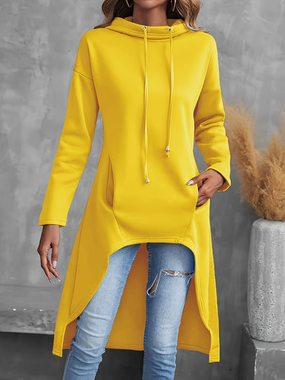 Long Sleeve Solid Color Drawstring Hoodie, Casual Hig-low Hoodie Sweatshirt for Women